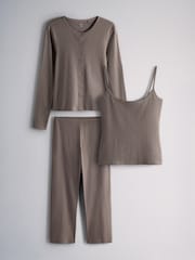 The Set 3 Piece Pointelle Button Through Trousers Pyjamas Set Taupe - Image 1 of 6
