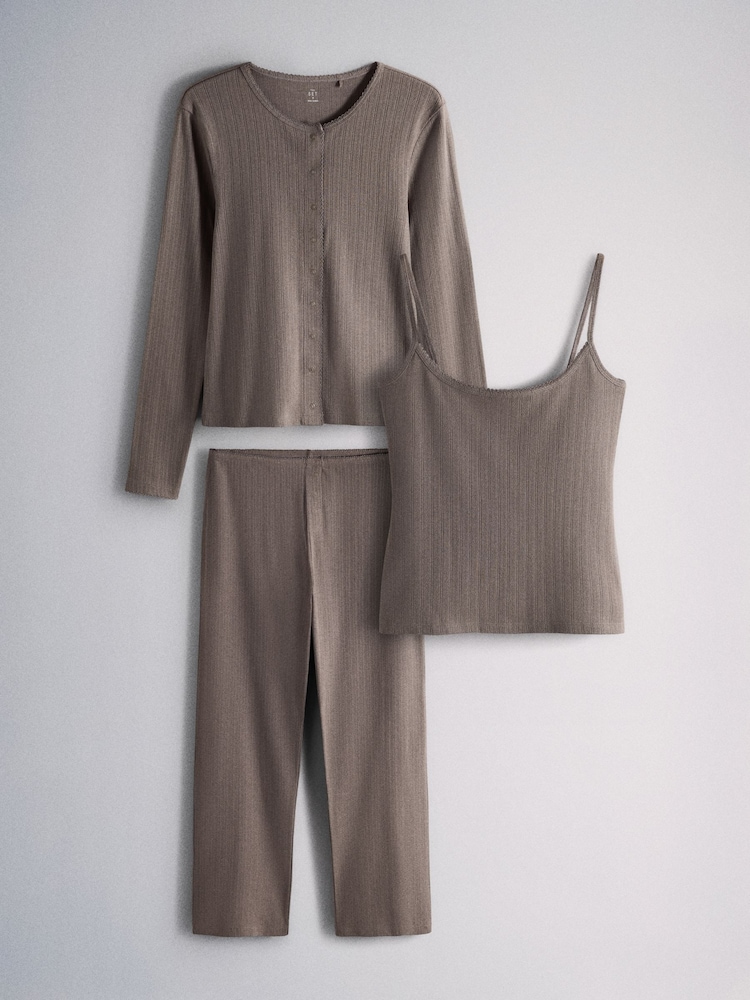 The Set 3 Piece Pointelle Button Through Trousers Pyjamas Set Taupe - Image 1 of 6