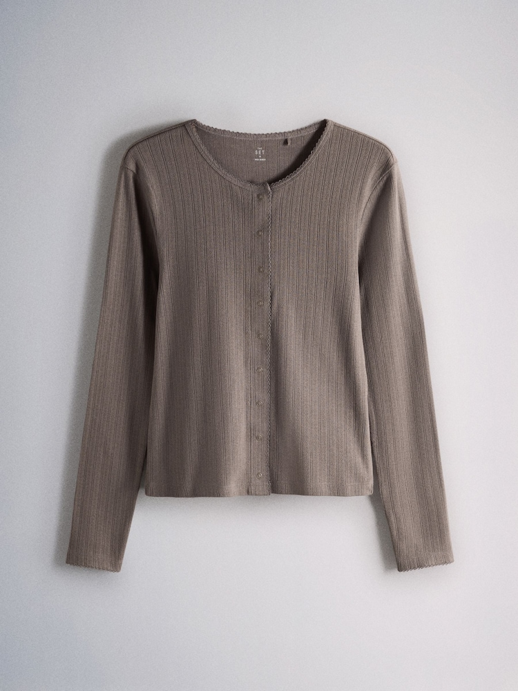 The Set 3 Piece Pointelle Button Through Trousers Pyjamas Set Taupe - Image 2 of 6
