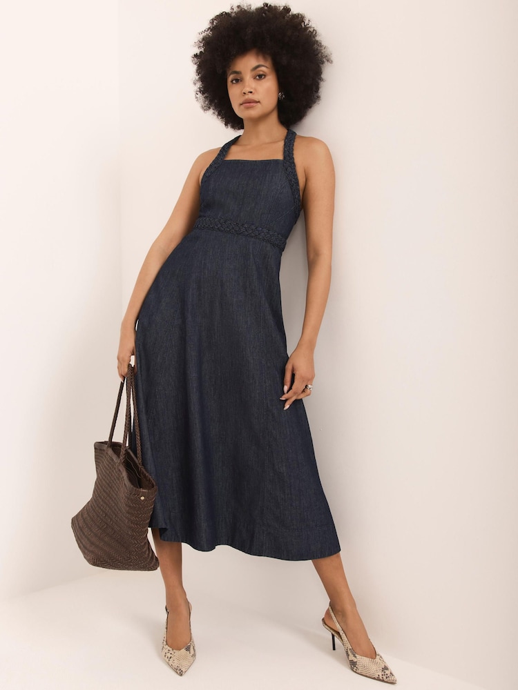 Mint Velvet Blue Denim Halter Midi Dress - Image 1 of 8