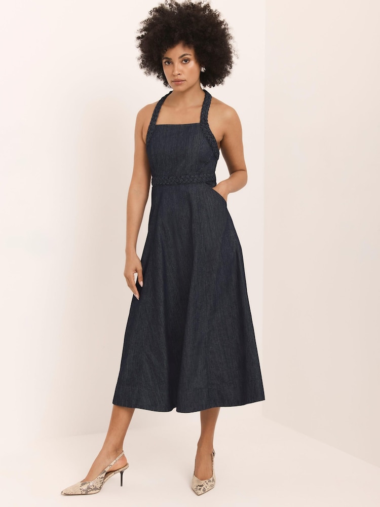 Mint Velvet Blue Denim Halter Midi Dress - Image 2 of 8
