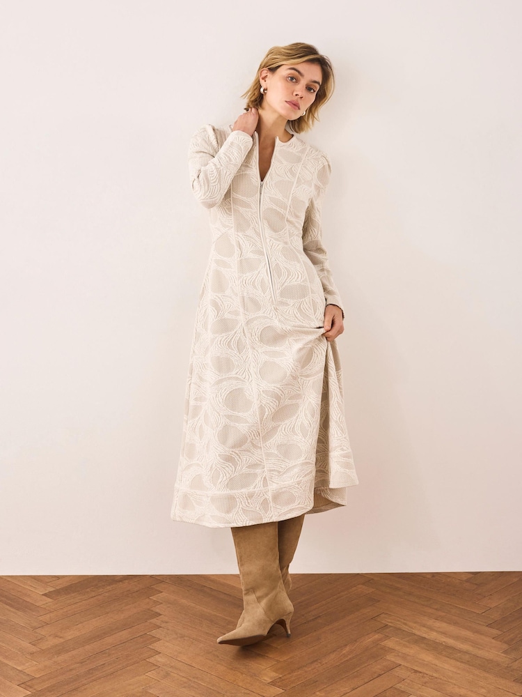 Mint Velvet White Jacquard Zip Detail Midi Dress - Image 1 of 8 Mint Velvet White Jacquard Zip Detail Midi Dress - Image 1 of 8