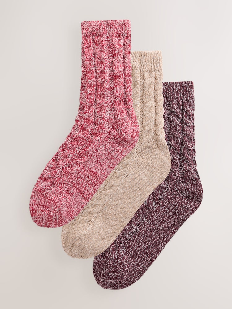 Burgundy Red Tonal Cosy Cable Knit Ankle Socks 3 Pack - Image 1 of 6