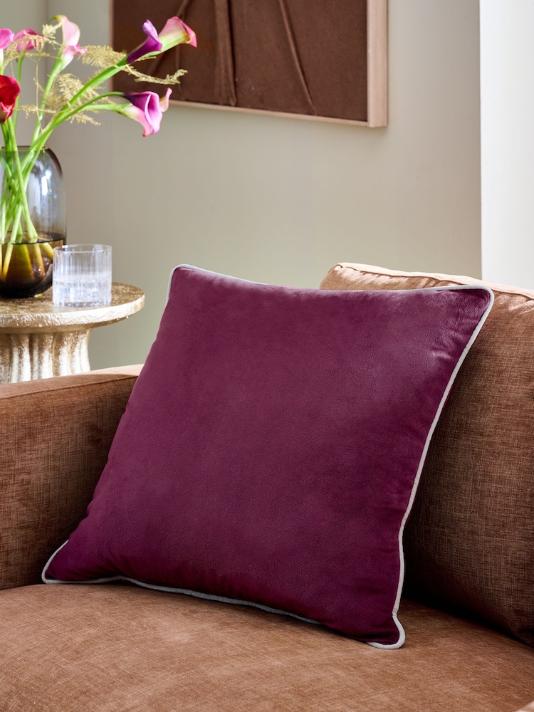 Plum Purple 50 x 50cm Matte Velvet Contrast Pipe Cushion - Image 1 of 4