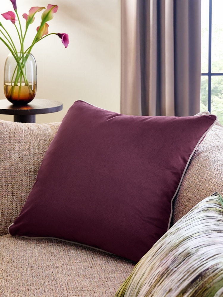 Plum Purple 59 x 59cm Matte Velvet Contrast Pipe Cushion - Image 1 of 5