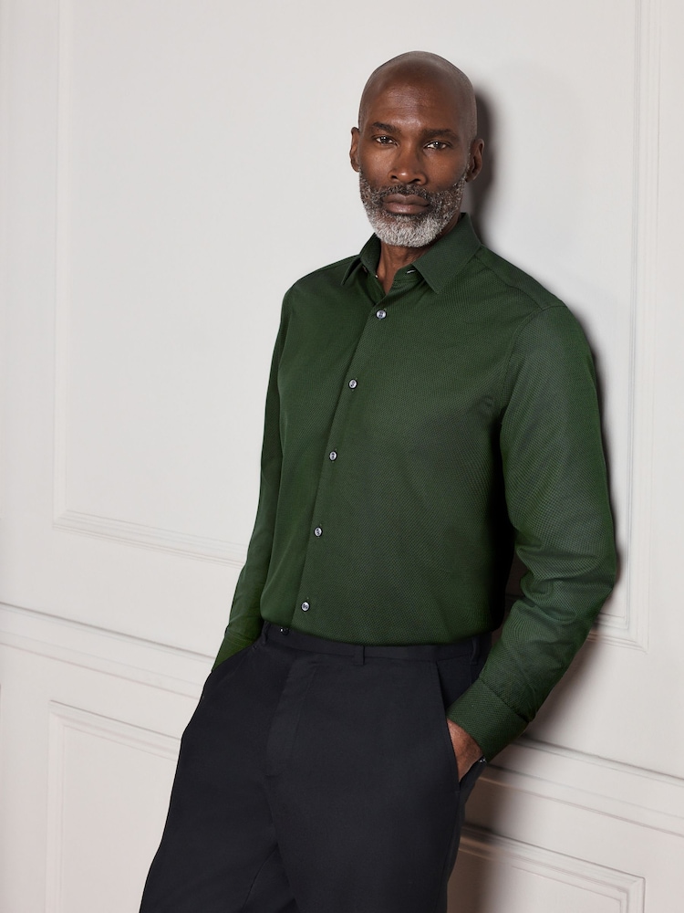 Green Slim Fit Signature Cotton Modal Blend Smart Shirt With Contrast Trim - Image 1 of 10
