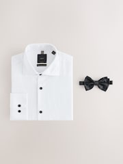 White Regular Fit Occasion Cotton Rich Textured Shirt And Black Satin Bow Tie Set - Image 8 of 10