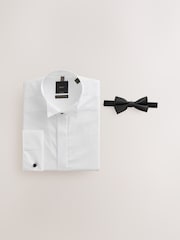 White Regular Fit Occasion Cotton Rich Twill Double Cuff Shirt and Satin Bow Tie Set - Image 6 of 9