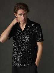 Black Sequin Jersey Short Sleeve Shirt - Image 1 of 5