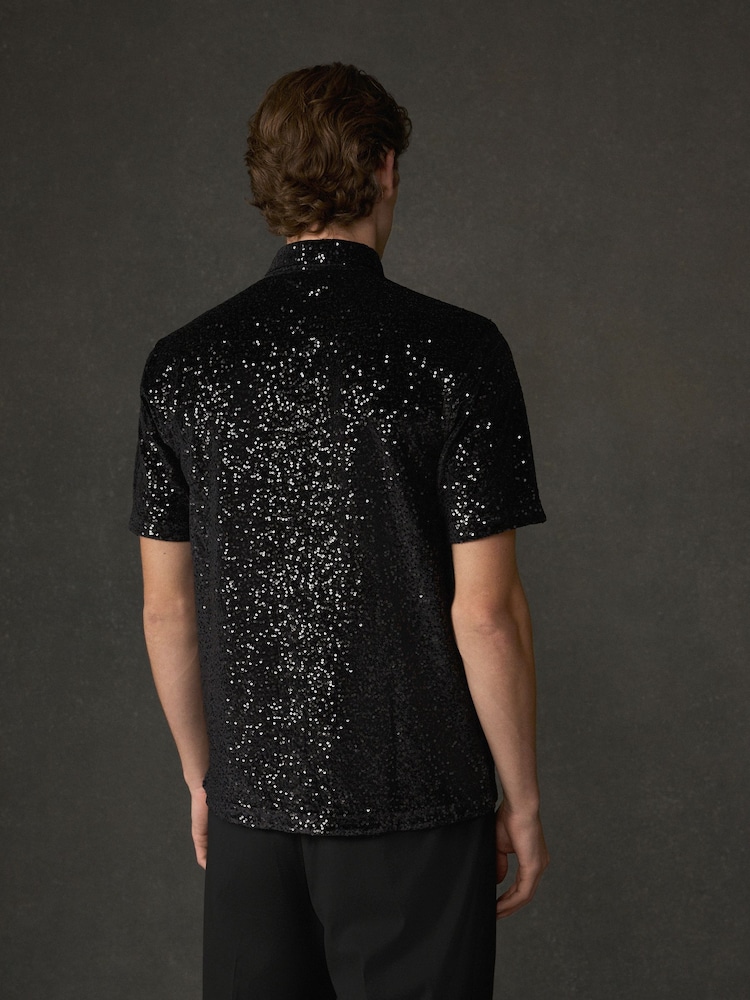 Black Sequin Jersey Short Sleeve Shirt - Image 2 of 5 Black Sequin Jersey Short Sleeve Shirt - Image 2 of 5