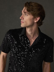 Black Sequin Jersey Short Sleeve Shirt - Image 3 of 5