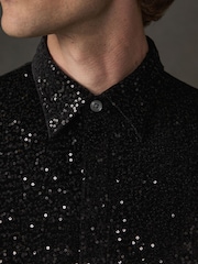 Black Sequin Jersey Short Sleeve Shirt - Image 4 of 5