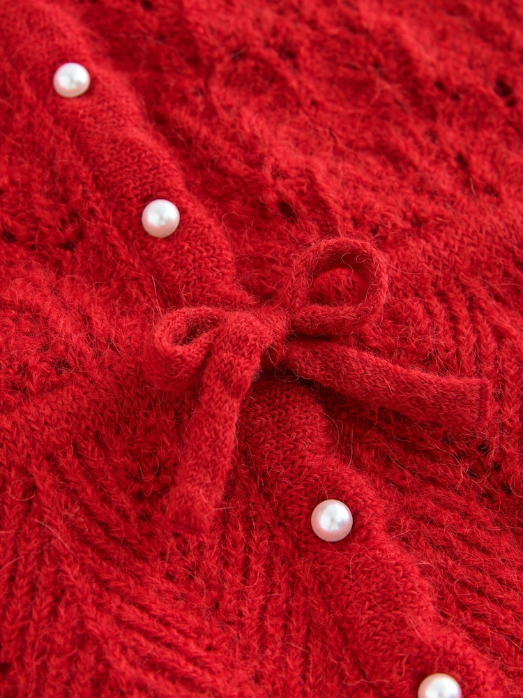 Red Pointelle Knit Tie Waist Cardigan - Image 3 of 3
