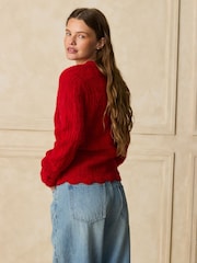 Red Pointelle Tie Waist Knitted Cardigan - Image 4 of 8