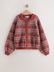 Brown Multi Fairisle Long Sleeve Crew Neck Bomber Cardigan - Image 1 of 3