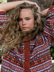 Brown Multi Fairisle Long Sleeve Crew Neck Bomber Cardigan - Image 4 of 7