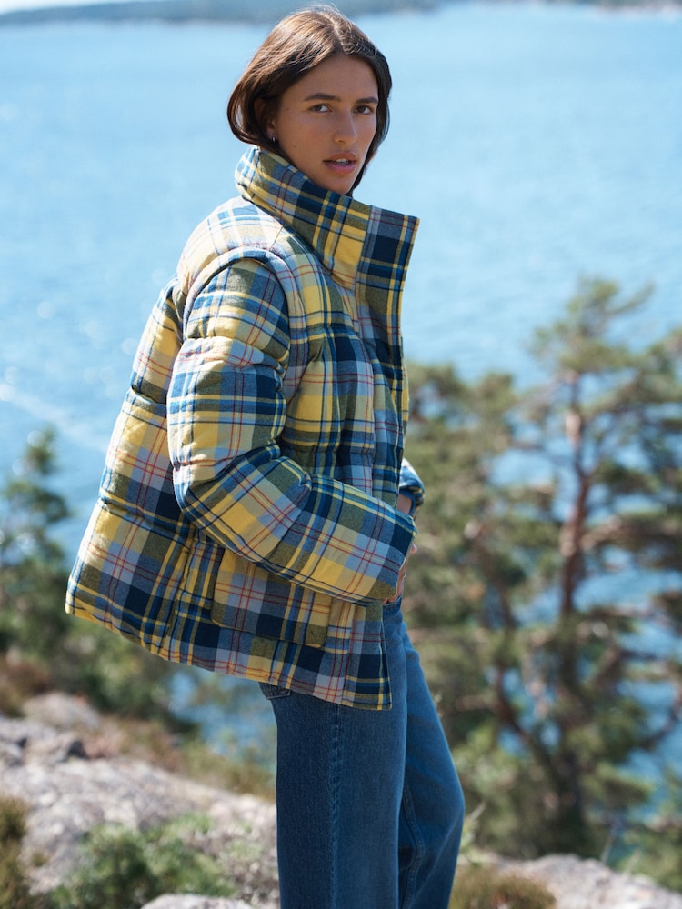 Yellow/Blue Check Short Puffer Jacket with Removable Sleeves - Image 1 of 8 Yellow/Blue Check Short Puffer Jacket with Removable Sleeves - Image 1 of 8