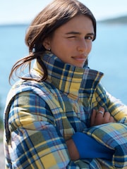 Yellow/Blue Check Short Puffer Jacket with Removable Sleeves - Image 2 of 8