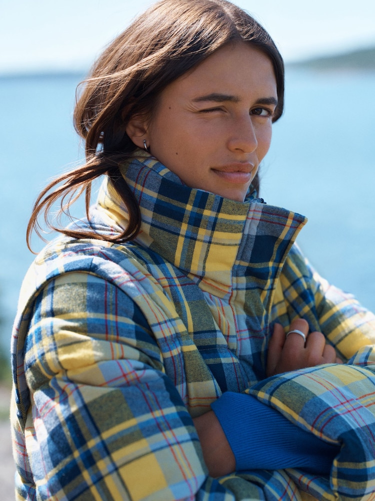 Yellow/Blue Check Short Puffer Jacket with Removable Sleeves - Image 2 of 8 Yellow/Blue Check Short Puffer Jacket with Removable Sleeves - Image 2 of 8