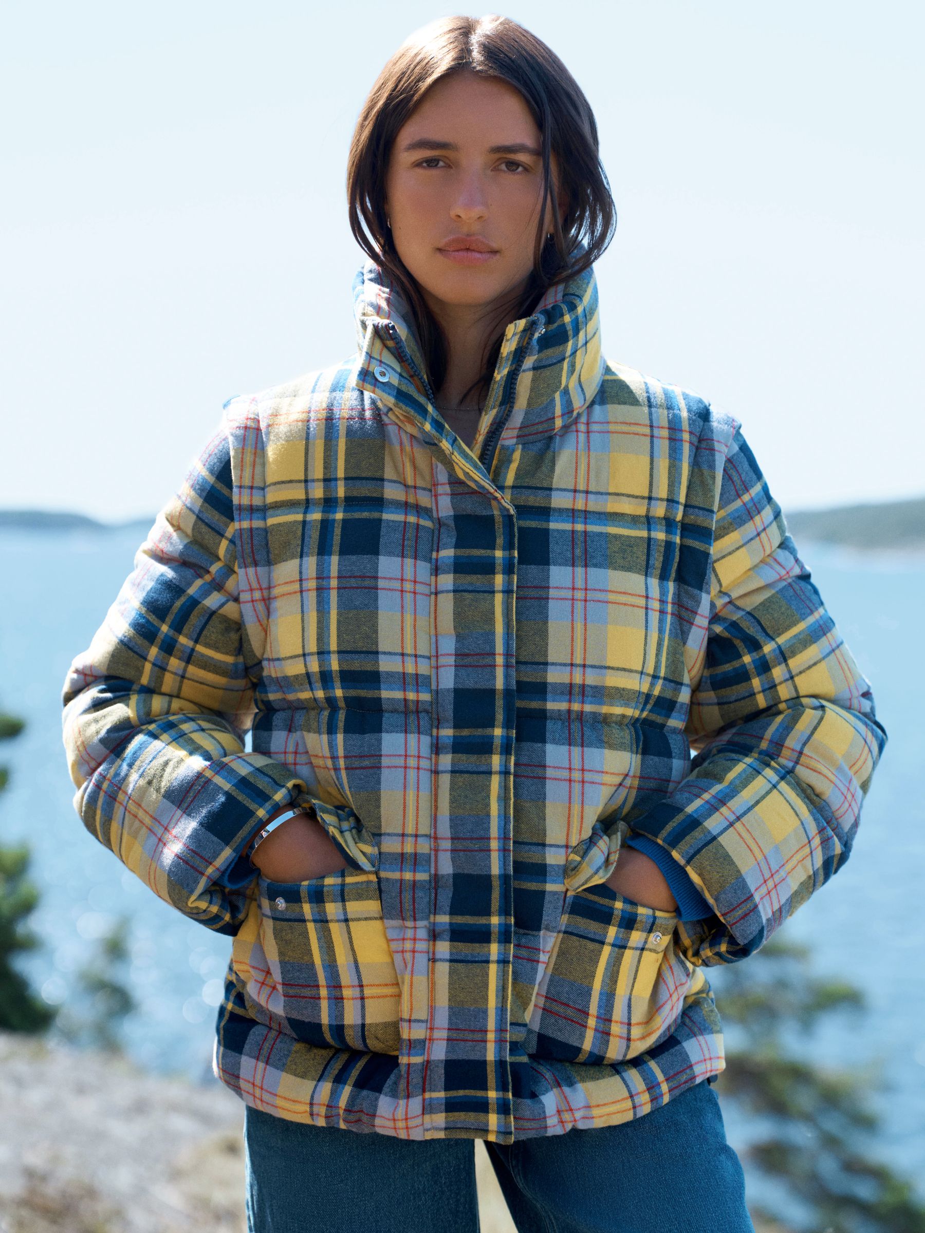 Buy Yellow/Blue Check - Short Puffer Jacket with Removable Sleeves from ...