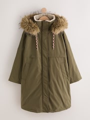 Khaki Green Shower-Resistant Longline Padded Parka Coat with Faux-Fur Hood - Image 7 of 9