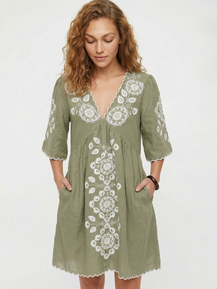 Raffya Green Arabella V-Neck Embroidered Mini Dress - Image 1 of 4