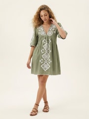 Raffya Green Arabella V-Neck Embroidered Mini Dress - Image 3 of 4