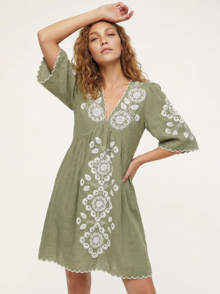 Raffya Green Arabella V-Neck Embroidered Mini Dress - Image 4 of 4