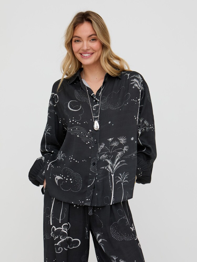 Raffya Black Palm Button Down Shirt - Image 1 of 4