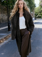 Chocolate Brown Faux-Fur Longline Coat with Scarf - Image 2 of 8