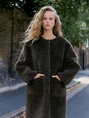 Chocolate Brown Faux-Fur Longline Coat with Scarf - Image 3 of 8