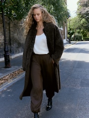 Chocolate Brown Faux-Fur Longline Coat with Scarf - Image 4 of 8