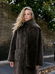Chocolate Brown Faux-Fur Longline Coat with Scarf - Image 5 of 8