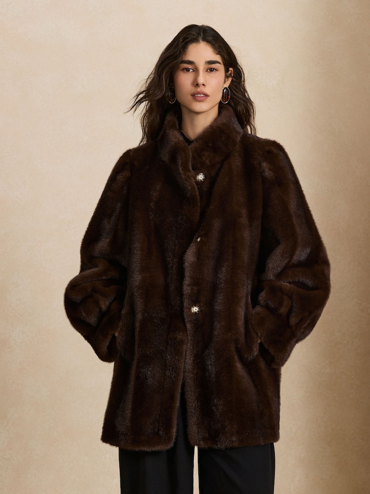 Chocolate Brown Faux Fur Balloon Sleeve Coat - Image 1 of 10