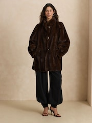 Chocolate Brown Faux Fur Balloon Sleeve Coat - Image 2 of 10