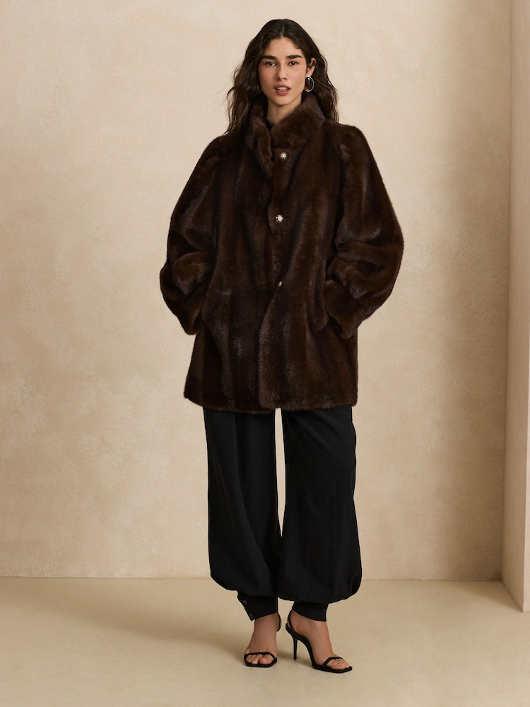 Chocolate Brown Faux Fur Balloon Sleeve Coat - Image 2 of 10