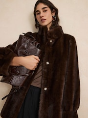Chocolate Brown Faux Fur Balloon Sleeve Coat - Image 4 of 10