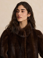 Chocolate Brown Faux Fur Balloon Sleeve Coat - Image 6 of 10