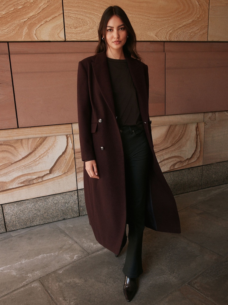 Burgundy Red Detachable Fur Collar Double Breasted Maxi Formal Revere Coat - Image 1 of 5