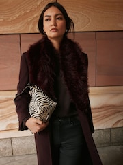 Burgundy Red Detachable Fur Collar Double Breasted Maxi Formal Revere Coat - Image 2 of 5