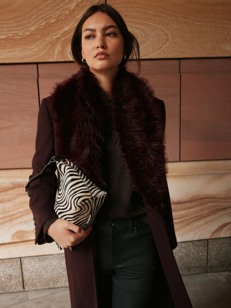 Burgundy Red Detachable Fur Collar Double Breasted Maxi Formal Revere Coat - Image 2 of 5