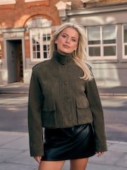 Khaki Green Suede Collared Bomber Jacket - Image 1 of 4