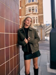 Khaki Green Suede Collared Bomber Jacket - Image 2 of 4
