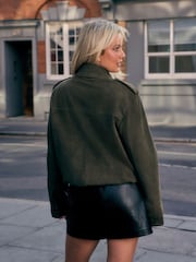 Khaki Green Suede Collared Bomber Jacket - Image 3 of 4