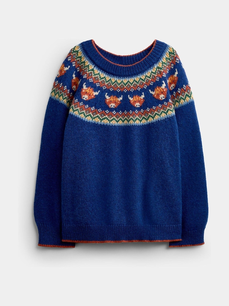 JoJo Maman Bébé Blue Highland Cow Fairisle Knitted Jumper - Image 1 of 4 JoJo Maman Bébé Blue Highland Cow Fairisle Knitted Jumper - Image 1 of 4