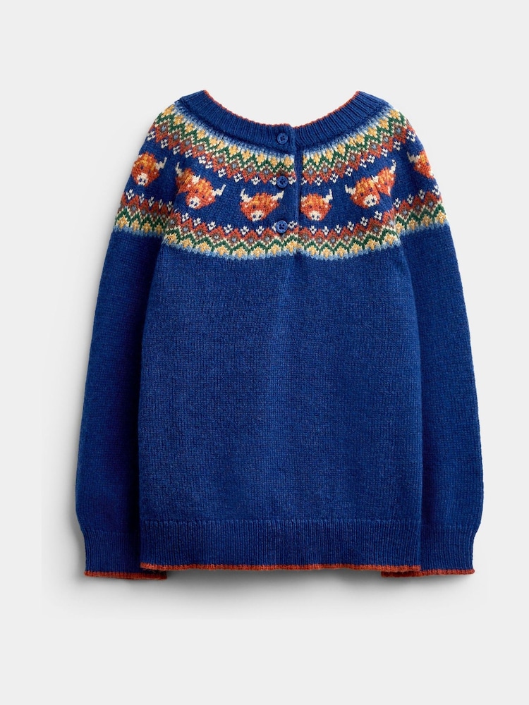 JoJo Maman Bébé Blue Highland Cow Fairisle Knitted Jumper - Image 2 of 4 JoJo Maman Bébé Blue Highland Cow Fairisle Knitted Jumper - Image 2 of 4