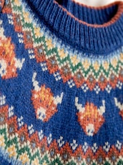 JoJo Maman Bébé Blue Highland Cow Fairisle Knitted Jumper - Image 3 of 4
