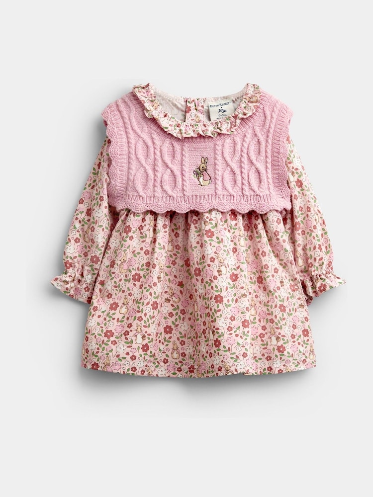JoJo Maman Bébé Pink Floral Peter Rabbit Flopsy Knit Dress - Image 1 of 7