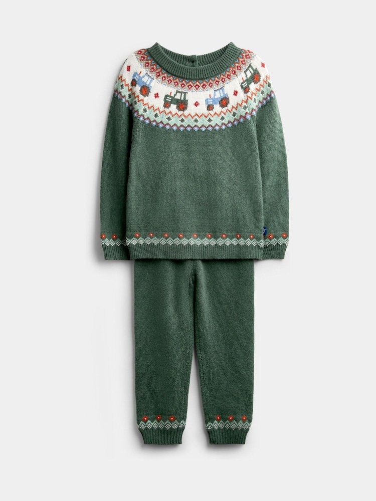 JoJo Maman Bébé Green Tractor Tractor Fairisle Knitted Jumper & Leggings Set - Image 1 of 7