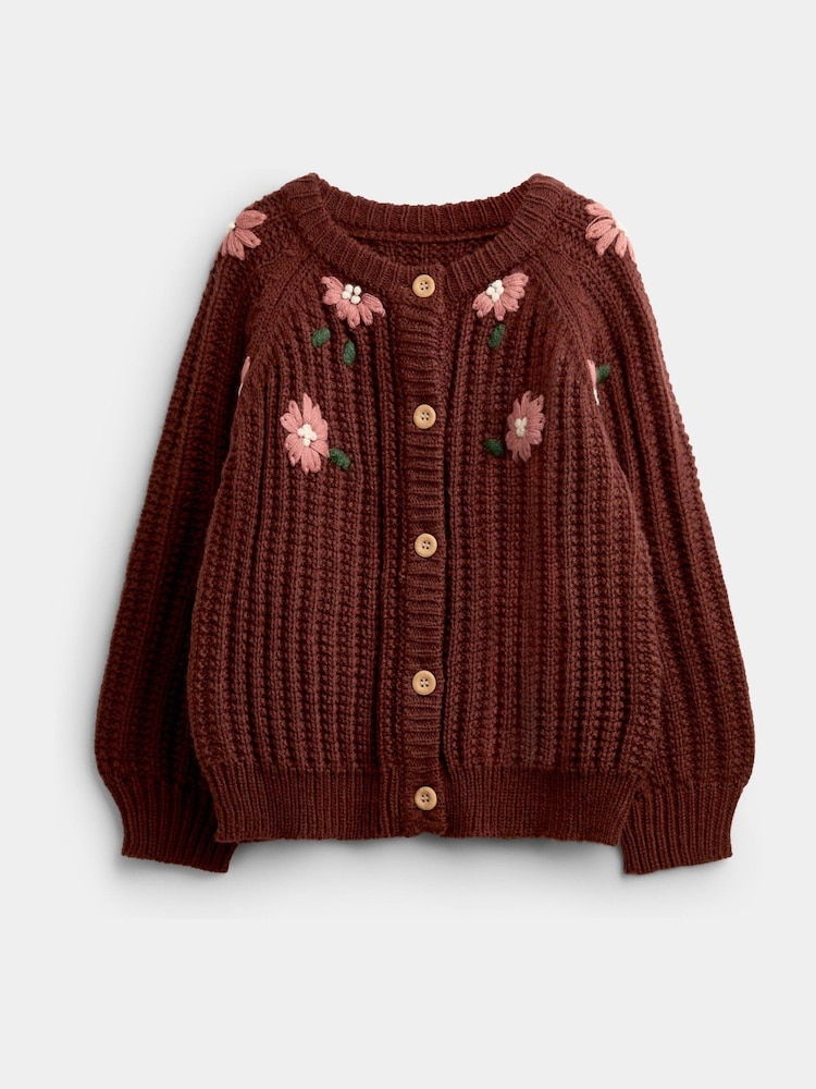 JoJo Maman Bébé Mid Brown Floral Embroidered Rib Knit Cardigan - Image 1 of 4